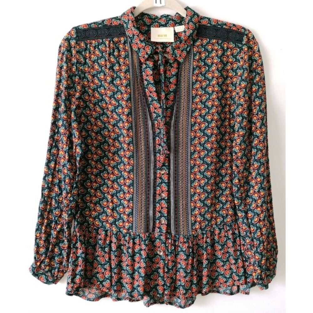 MAEVE by ANTHROPOLOGIE Multicolored Sz 6 Button Up JANIE FLOUNCED PEASANT Blouse - Picture 4 of 8